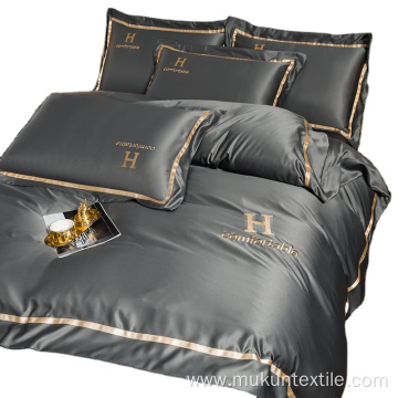 Luxury Logo embroidery solid Washed silk bedding set